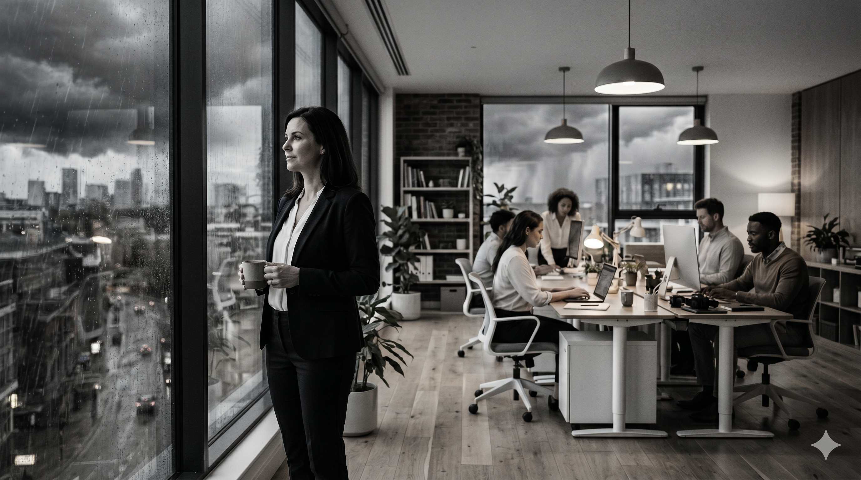 A composed businesswoman holding a coffee mug, gazing out a rain-streaked window at a stormy city skyline while colleagues work calmly at desks behind her in a warmly-lit office