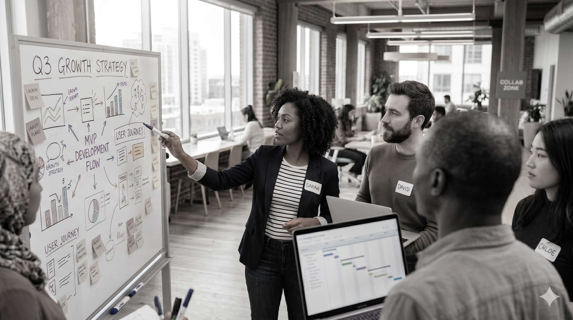 A diverse team collaborating around a whiteboard covered in growth strategy diagrams in a modern loft-style office