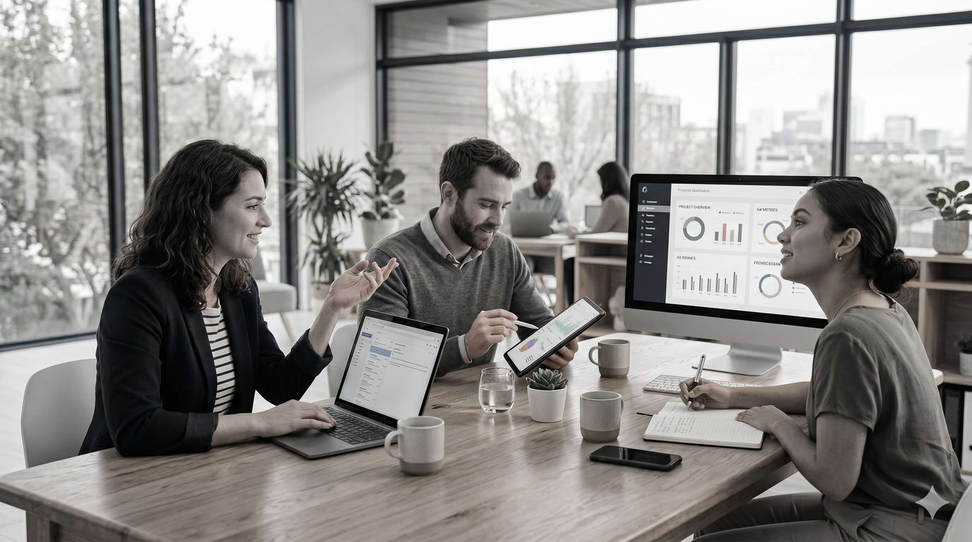 Three professionals collaborating in a bright modern office around a wooden table with laptops, a tablet, and a monitor displaying a project dashboard