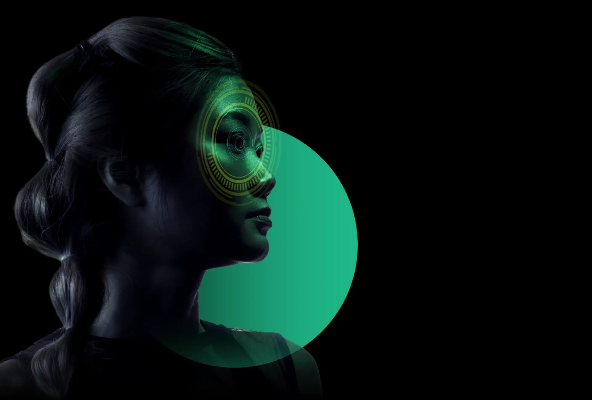 Profile of a woman with digital eye graphic.