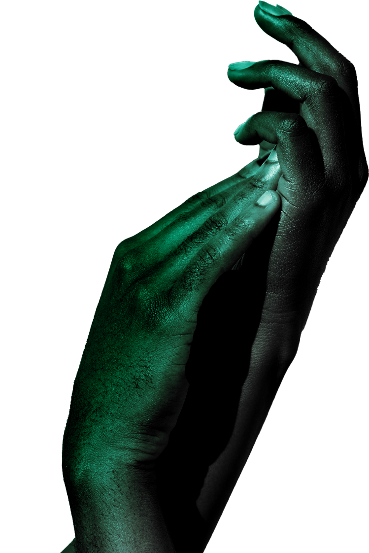 Intertwined hands with contrasting green light and shadow.